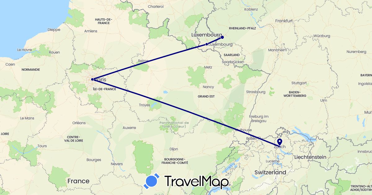 TravelMap itinerary: driving in Switzerland, Germany, France, Luxembourg (Europe)